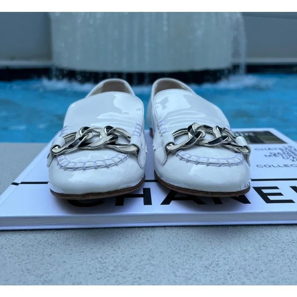 Authentic CHANEL Mocassin White Chain Link Leather CC Logo Loafers Size IT37 - Picture 3 of 14